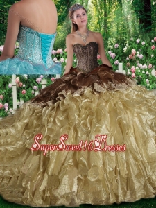 Luxurious Ball Gown Beading Champange Sweet 16 Dresses with Brush