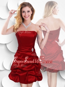 Latest Strapless Taffeta Wine Red Dama Dresses with Bubles