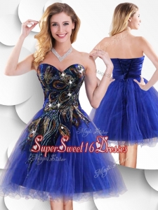 Luxurious Short Peacock Blue Dama Dresses with Beading and Appliques