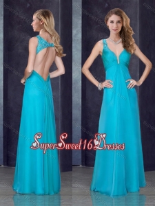 Simple Empire Straps Beaded and Applique Dama Dresses in Teal for 2016