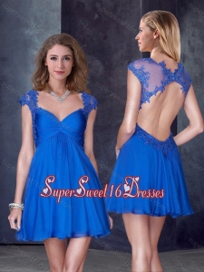 V Neck Backless Blue Dama Dresses with Appliques and Beading for 2016