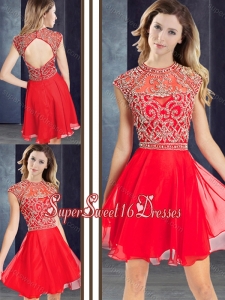 Sexy Scoop Beaded Red Short Dama Dresses with Cap Sleeves