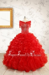 Exquisite Beading and Ruffles Red Quinceanera Gowns with Wrap for 2015