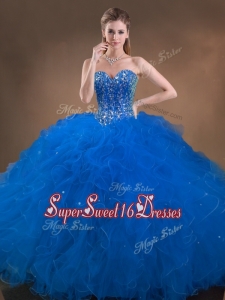 Perfect Big Puffy Beaded and Ruffled Sweet 16 Dress in Blue
