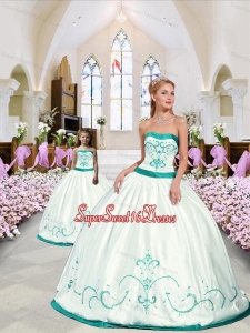 2015 Modest White and Turquoise Princesita Dress with Embroidery