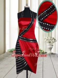 Column Halter Top Wine Red and Black Short Dama Dress in Elastic Woven Satin