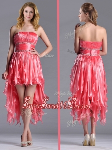 2016 Elegant Strapless High Low Beaded Decorated Waist Dama Dress in Coral Red