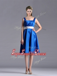 Cheap Empire Square Taffeta Blue Dama Dress with White Belt