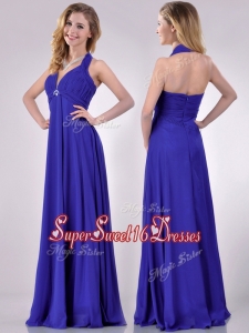 Cheap Halter Top Zipper Up Long Dama Dress in Blue