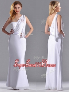 Cheap Column White Chiffon Backless Dama Dress with One Shoulder