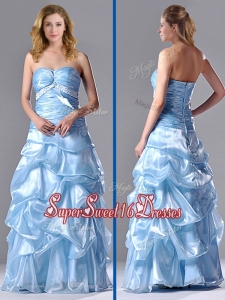 New Style Sweetheart Long Light Blue Beaded Ruched Dama Dress in Organza
