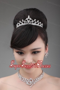 Rhinestone Wedding Jewelry Set Including Necklace Earrings And Crown With Bowknot