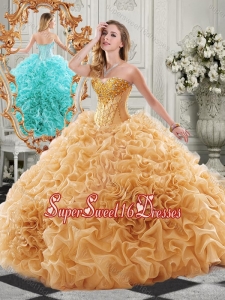 New Arrivals Organza Ruffled Champagne Simple Sweet Sixteen with Colorful Beading