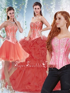 Popular Beaded Bodice and Ruffled Detachable Simple Sweet Sixteen in Coral Red