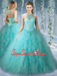 Popular Mint Simple Sweet Sixteen Dress With Beaded Decorated Bodice and High Neck