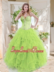 A-line Beaded and Ruffed 15th Birthday Party Gown in Spring Green