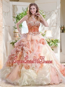 Fashionable Beaded and Bubble Quinceanera Dress in Peach and White