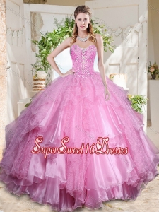 Popular Rose Pink Really Puffy 15th Birthday Party Dress with Beading and Ruffles Layers
