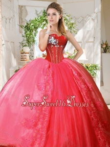 Romantic Puffy Skirt Beaded and Applique 15th Birthday Party Dress in Coral Red
