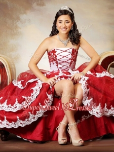 Modest Wine Red and White Strapless Quinceanera Dress with Appliques and Ruffled Layers