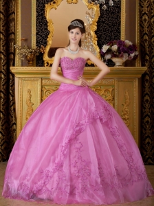 New Rose Pink Sweet 16 Quinceanera Dress Sweetheart Appliques Organza Ball Gown