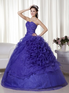 Purple Ball Gown Sweetheart Floor-length Organza Beading and Ruch Sweet 16 Dress