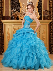 Inexpensive Sky Blue Sweet 16 Dress Organza Beading And Ruffles Ball Gown
