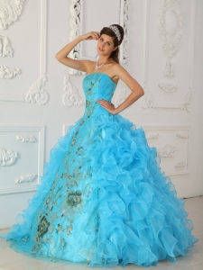Exquisite Aqua Blue Sweet 16 Quinceanera Dress Strapless Embroidery Ball Gown