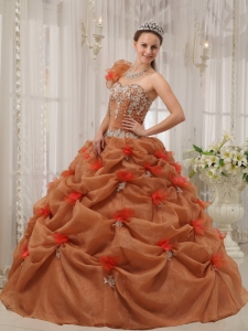 Discount Rust Red Sweet 16 Dress One Shoulder Organza Appliques Ball Gown