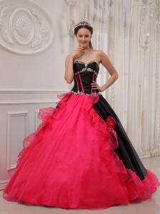 Beautiful Red and Black Sweet 16 Dress Sweetheart Satin and Organza Appliques