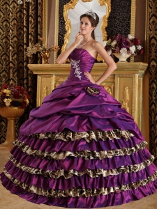 Popular Purple Sweet 16 Dress One Shoulder Taffeta and Leopard Appliques Ball Gown