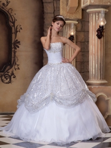 The Super Hot White Sweet 16 Dress Strapless Pick-ups Sequins Ball Gown