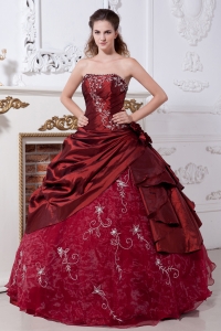 Wine Red Sweet 16 Dress Embroidery Strapless Taffeta and Organza Floor-length