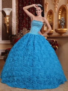 Gorgeous Blue Sweet 16 Dress Ball Gown Strapless Fabric With Rolling Flowers Beading Ball Gown