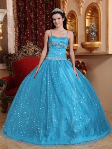 Modest Blue Sweet 16 Dress Spaghetti Straps Sequined Beading Ball Gown