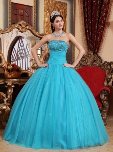 Popular Teal Sweet 16 Dress Strapless Tulle Embroidery with Beading Ball Gown