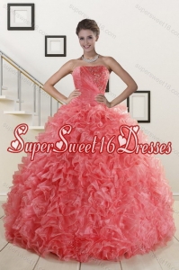 2015 Custom Made Watermelon Red Quince Dresses with Beading and Ruffles