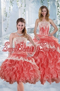 2015 Cute Strapless Appliques and Ruffles Quinceanera Dresses in Watermelon