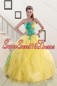 Cute 2015 Strapless Yellow and Green Sweet 15 Dresses with Ruching