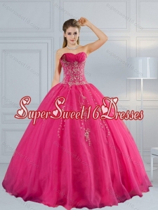 2015 Popular Sweetheart Hot Pink Quinceanera Dress with Appliques and Beading