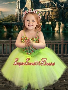 Most Popular Yellow Green Spaghetti Straps Beautiful Girls Pageant Dress with Beading