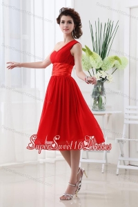 Empire One Shoulder Belt Knee-length Red Dama Dresses