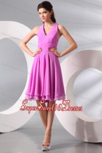 Lilac Halter Top Ruching Knee-length Chiffon Dama Dress for Quinceanera