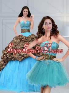 Pretty 2015 Leopard Printed Baby Blue Brush Train Beading Quinceanera Dress