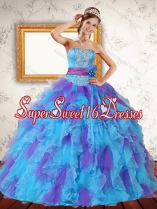 Modest Ruffles and Sash Strapless Quinceanera Dress in Multi Color