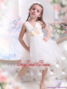 Beautiful Beading Ruffled 2015 Beautiful White Little Girl Pageant Dress with Bowknot