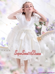 White Scoop 2015 Beautiful Little Girl Pageant Dress with Bownot and Cap Sleeves