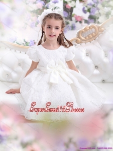 Beautiful Lace 2015 White Little Girl Pageant Dress with Short Sleeves and Bownot