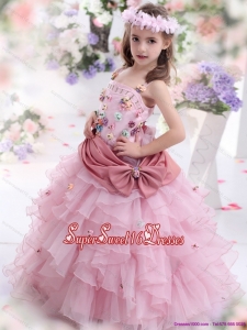 Beautiful Rose Pink Little Girl Pageant Dress with Hand Made Flowers and Ruffled Layers