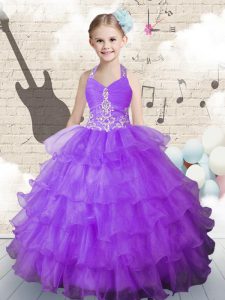 Halter Top Sleeveless Beading and Ruffled Layers Lace Up Little Girl Pageant Gowns
